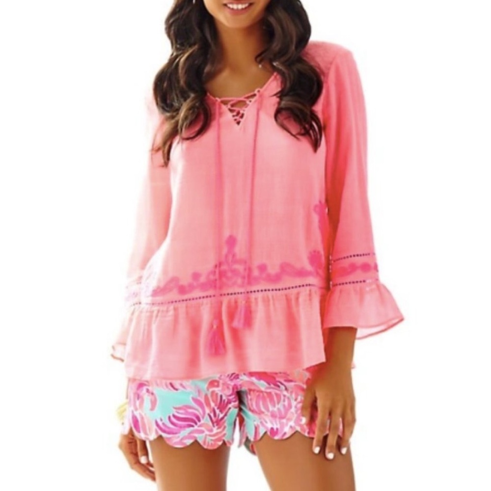 Lilly Pulitzer Talulah Embroidered Pink Sun Ray Lace Up Tassel Tunic Top - S